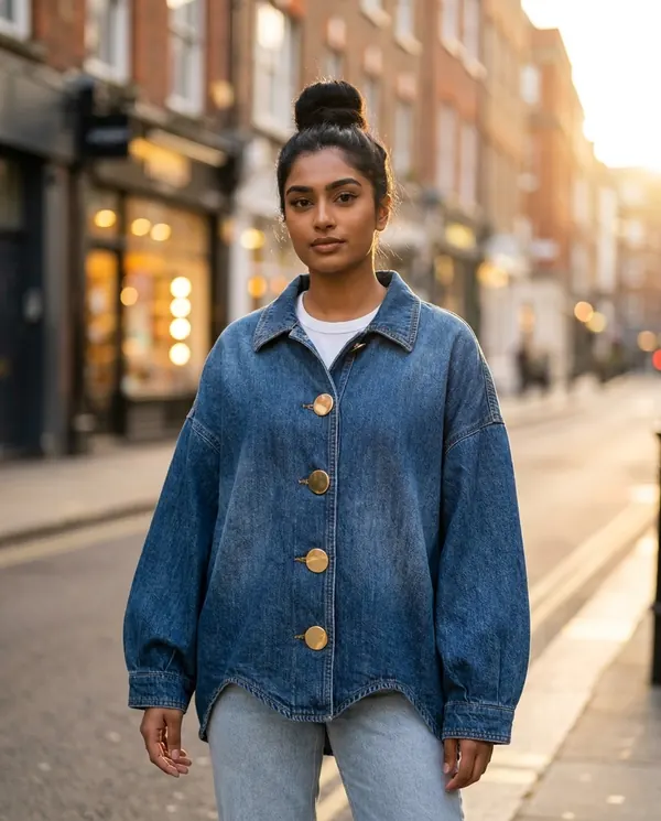 Satin Eve styling: Denim Jacket with Large Gold Buttons