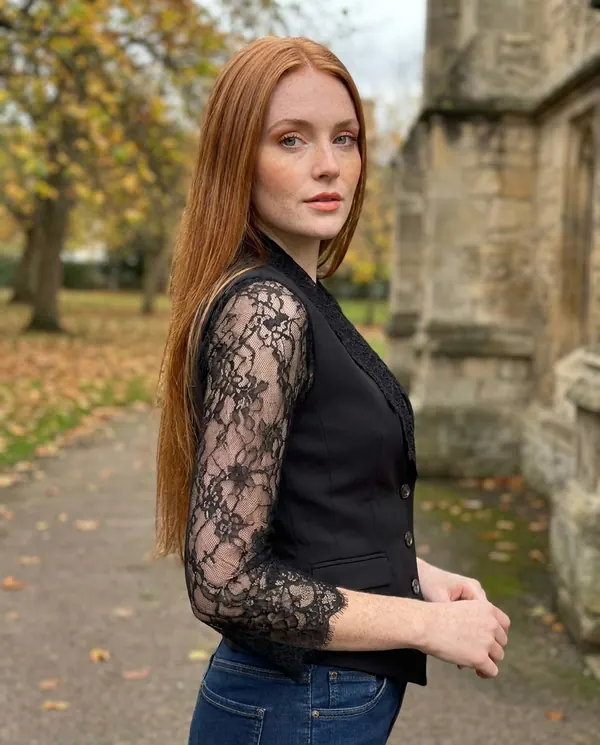 Satin Eve styling: Lace-Sleeve Fitted Blazer