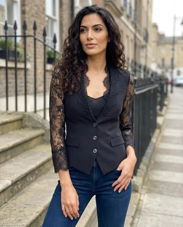 Satin Eve styling: Lace-Sleeve Fitted Blazer