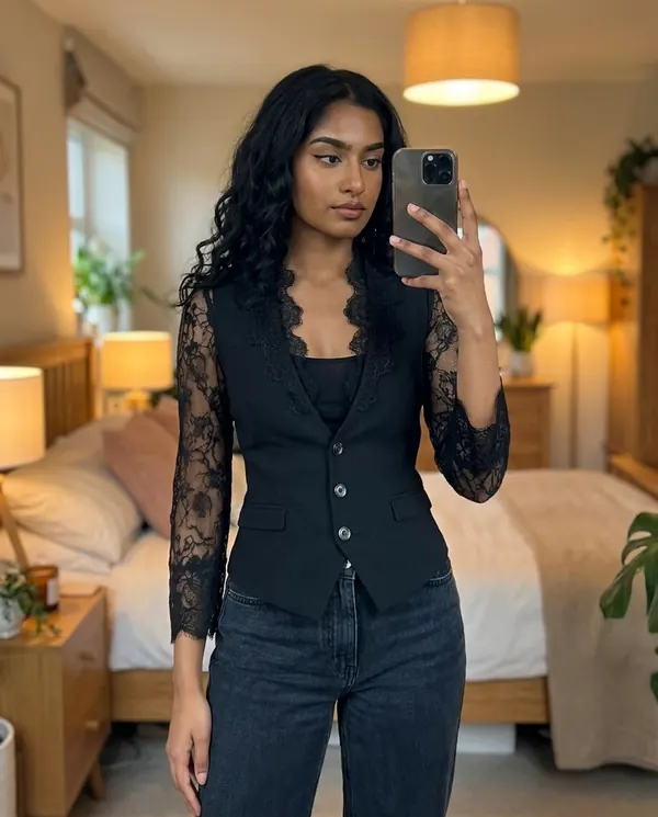 Satin Eve styling: Lace-Sleeve Fitted Blazer