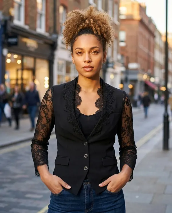 Satin Eve styling: Lace-Sleeve Fitted Blazer