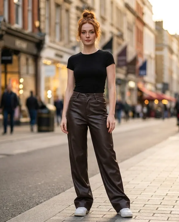 Satin Eve styling: Faux Leather Wide-Leg Trousers