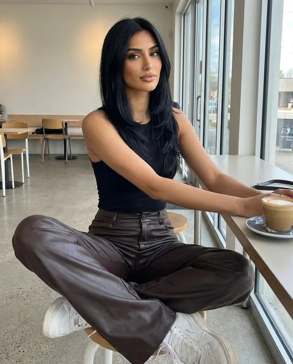 Satin Eve styling: Faux Leather Wide-Leg Trousers