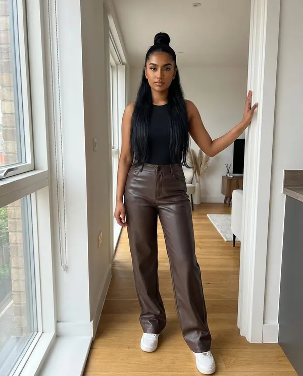 Satin Eve styling: Faux Leather Wide-Leg Trousers