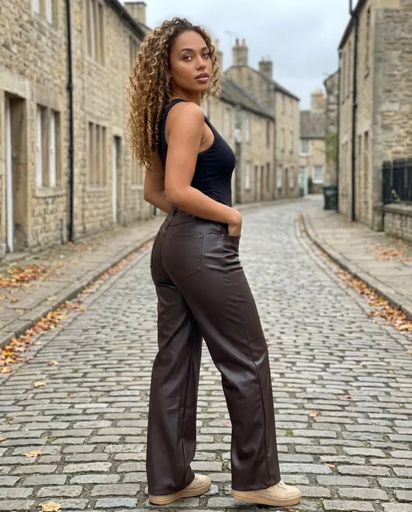 Satin Eve styling: Faux Leather Wide-Leg Trousers