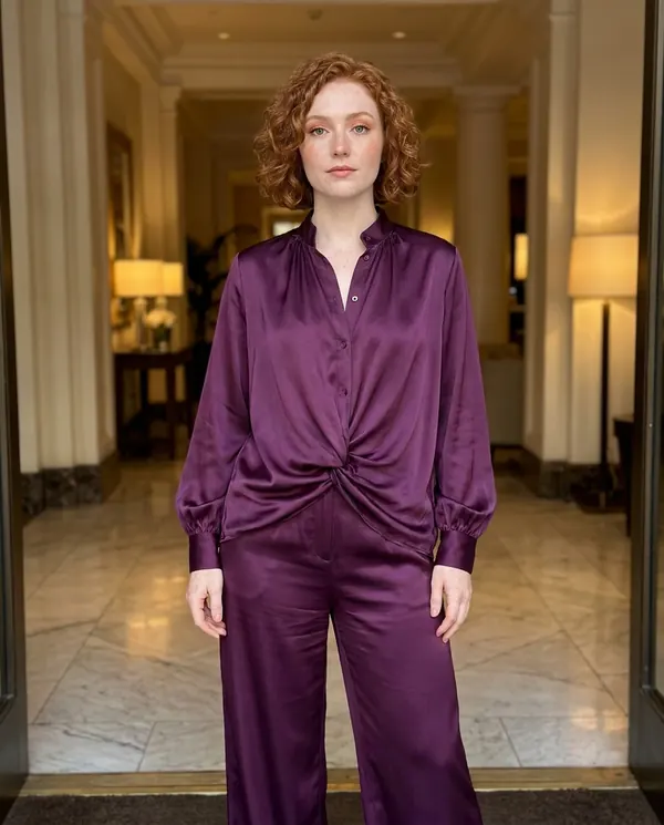 Satin Eve styling: Satin Stand-Collar Shirt and Wide-Leg Trouser Set