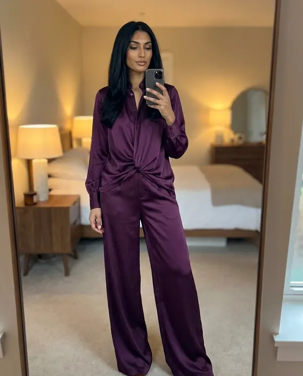 Satin Eve styling: Satin Stand-Collar Shirt and Wide-Leg Trouser Set