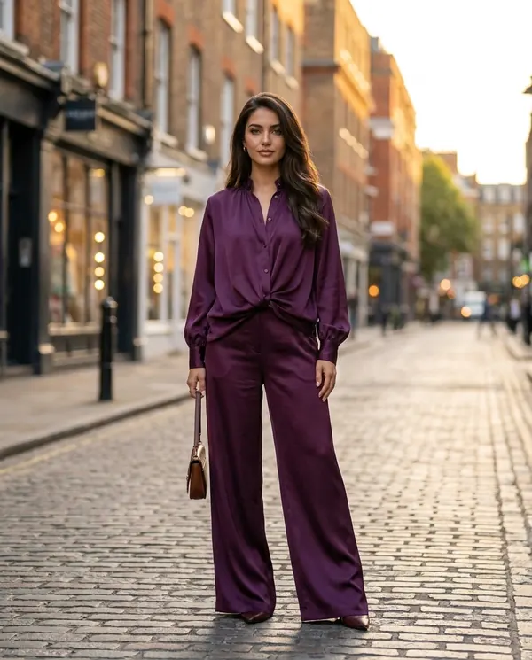 Satin Eve styling: Satin Stand-Collar Shirt and Wide-Leg Trouser Set