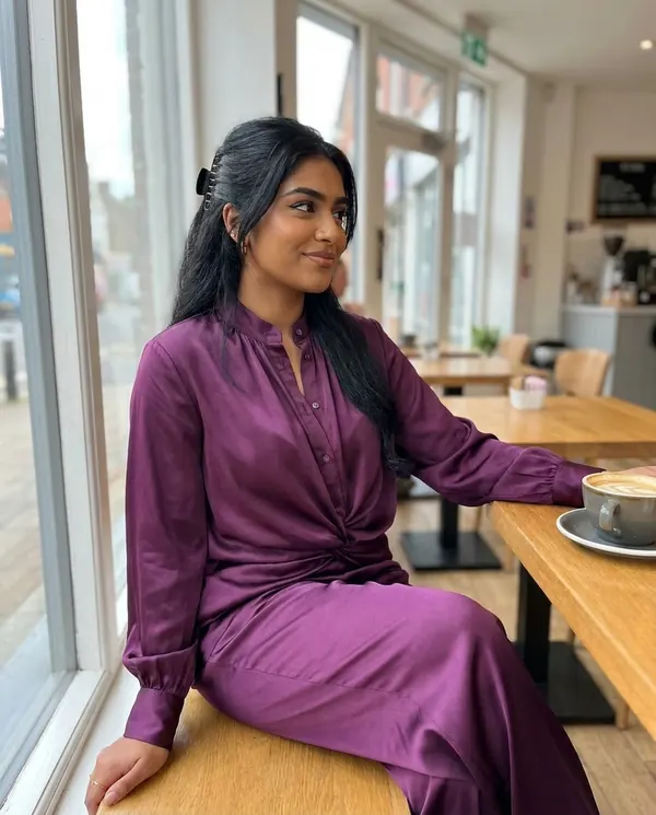 Satin Eve styling: Satin Stand-Collar Shirt and Wide-Leg Trouser Set