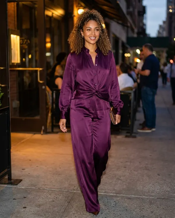 Satin Eve styling: Satin Stand-Collar Shirt and Wide-Leg Trouser Set