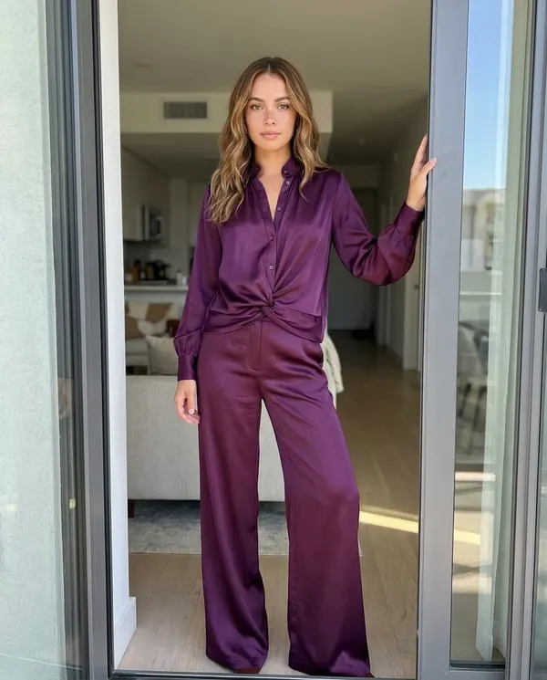 Satin Eve styling: Satin Stand-Collar Shirt and Wide-Leg Trouser Set