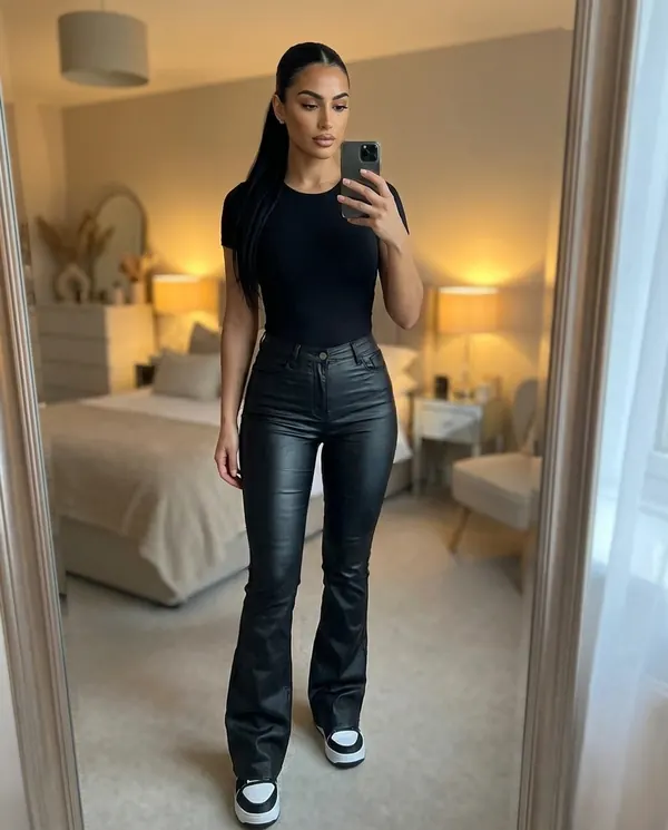 Satin Eve styling: Coated Flare Trousers