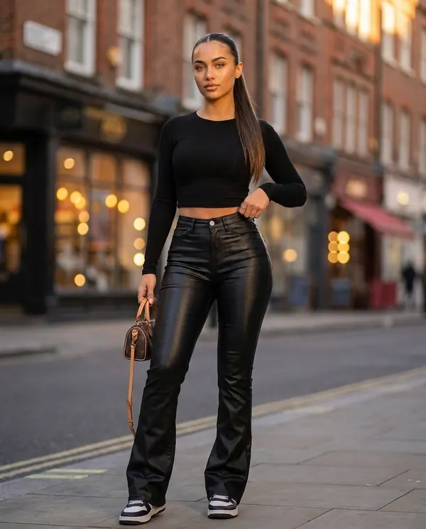 Satin Eve styling: Coated Flare Trousers