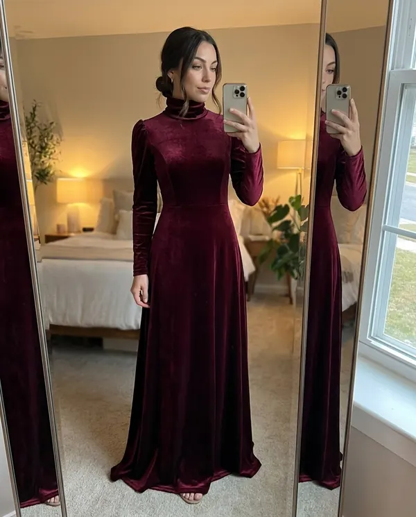 Satin Eve styling: Velvet High-Neck Long-Sleeve Maxi Dress
