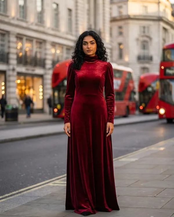Satin Eve styling: Velvet High-Neck Long-Sleeve Maxi Dress