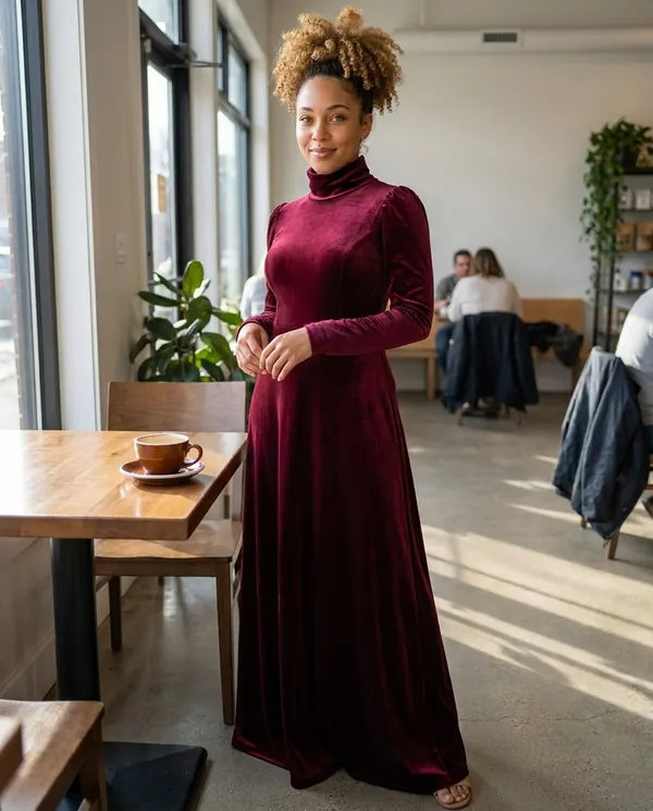 Satin Eve styling: Velvet High-Neck Long-Sleeve Maxi Dress