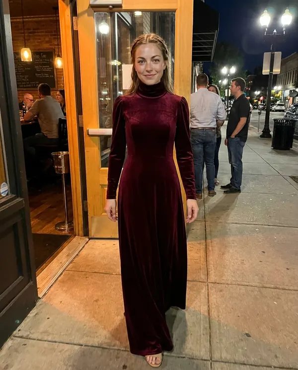 Satin Eve styling: Velvet High-Neck Long-Sleeve Maxi Dress