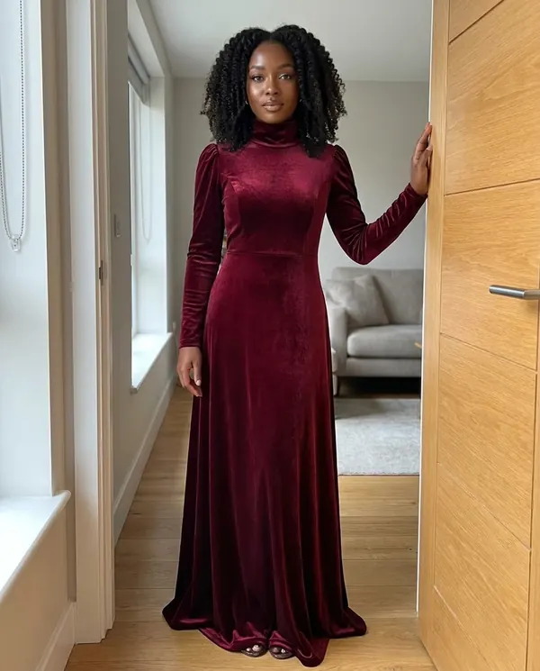 Satin Eve styling: Velvet High-Neck Long-Sleeve Maxi Dress