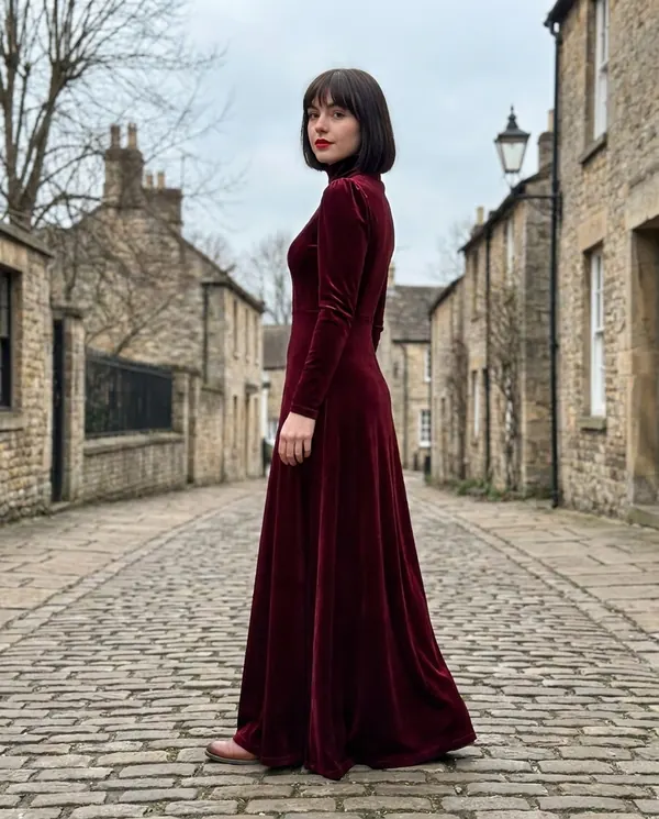Satin Eve styling: Velvet High-Neck Long-Sleeve Maxi Dress