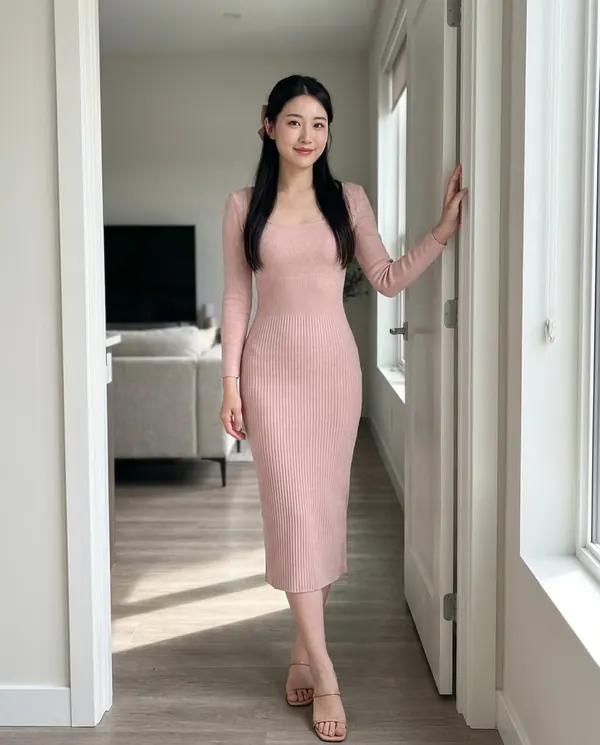 Satin Eve styling: Square-Neck Rib Knit Midi Dress