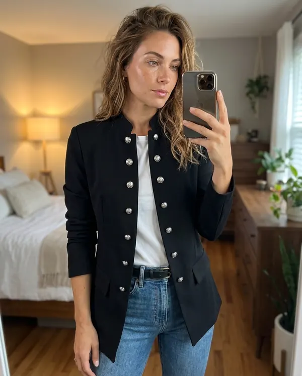 Satin Eve styling: Military Double-Breasted Blazer