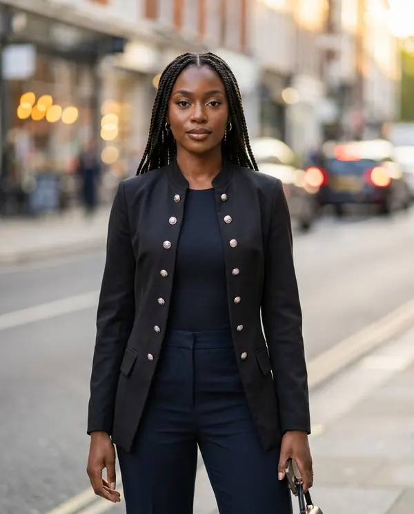 Satin Eve styling: Military Double-Breasted Blazer