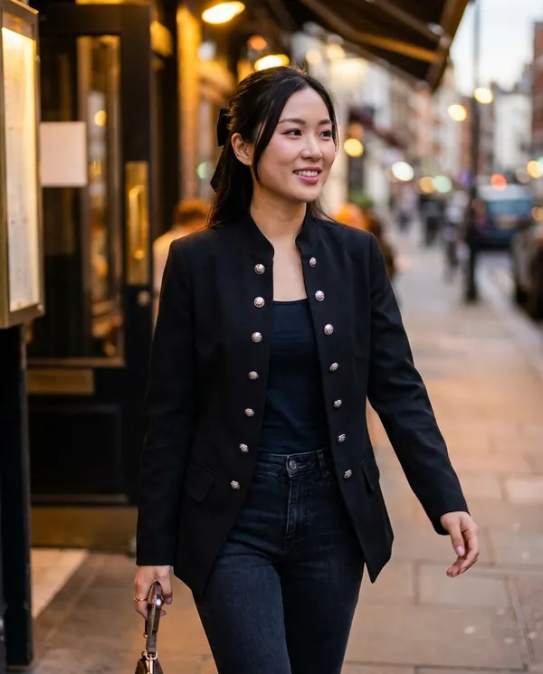 Satin Eve styling: Military Double-Breasted Blazer