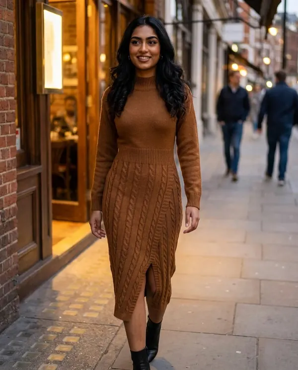 Satin Eve styling: Cable-Knit Mock-Neck Midi Dress