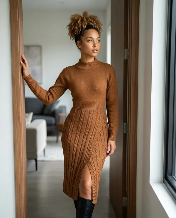 Satin Eve styling: Cable-Knit Mock-Neck Midi Dress