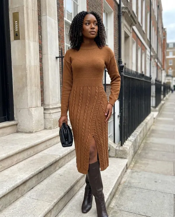 Satin Eve styling: Cable-Knit Mock-Neck Midi Dress