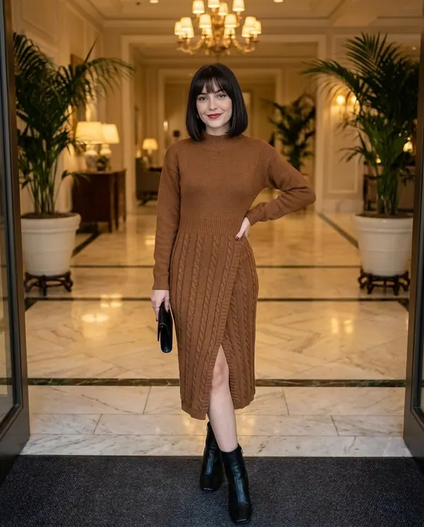 Satin Eve styling: Cable-Knit Mock-Neck Midi Dress