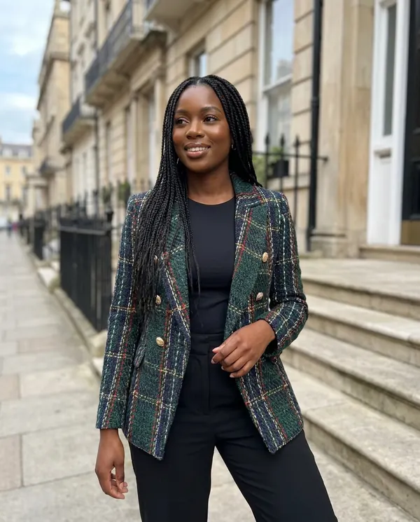 Satin Eve styling: Plaid Tweed Double-Breasted Blazer