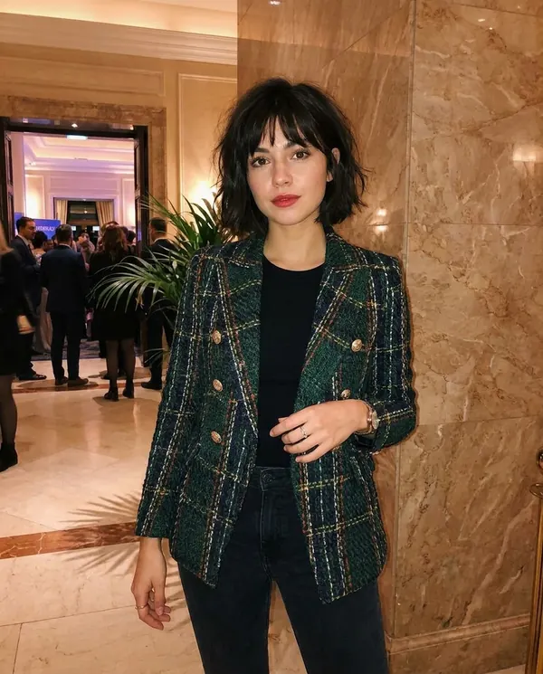 Satin Eve styling: Plaid Tweed Double-Breasted Blazer