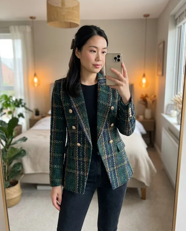 Satin Eve styling: Plaid Tweed Double-Breasted Blazer