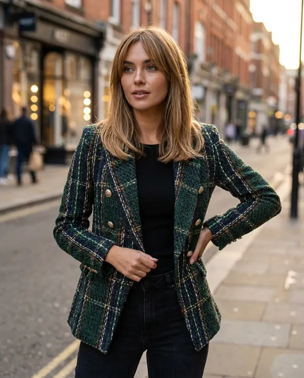 Satin Eve styling: Plaid Tweed Double-Breasted Blazer