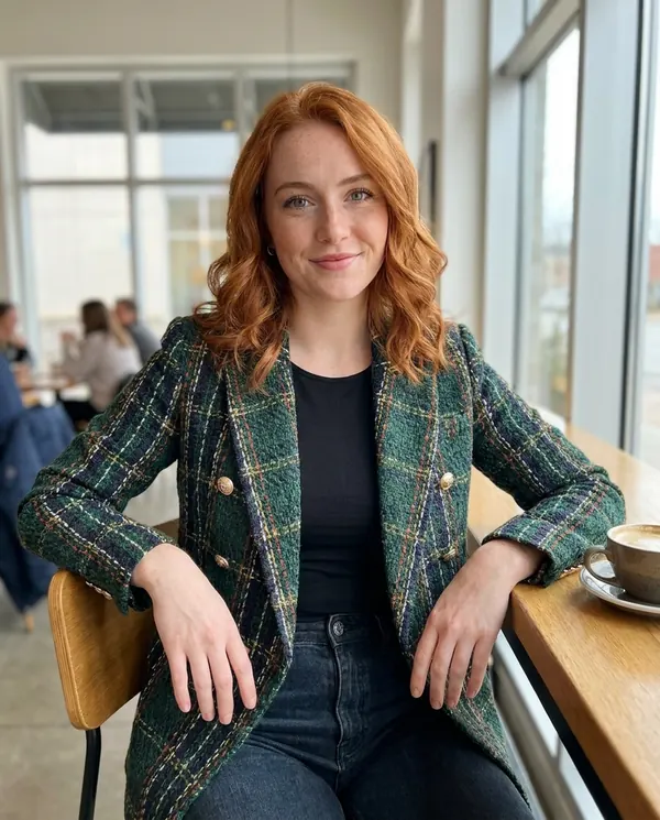 Satin Eve styling: Plaid Tweed Double-Breasted Blazer