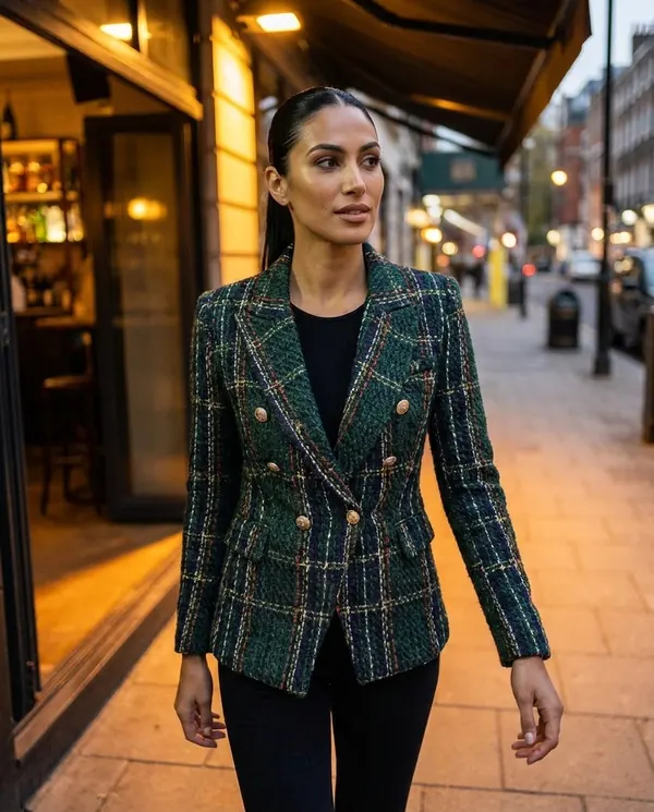 Satin Eve styling: Plaid Tweed Double-Breasted Blazer