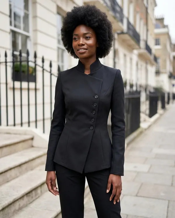 Satin Eve styling: Asymmetric Stand-Collar Blazer