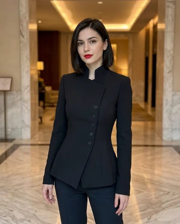 Satin Eve styling: Asymmetric Stand-Collar Blazer