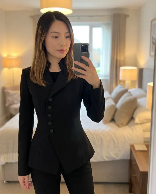 Satin Eve styling: Asymmetric Stand-Collar Blazer