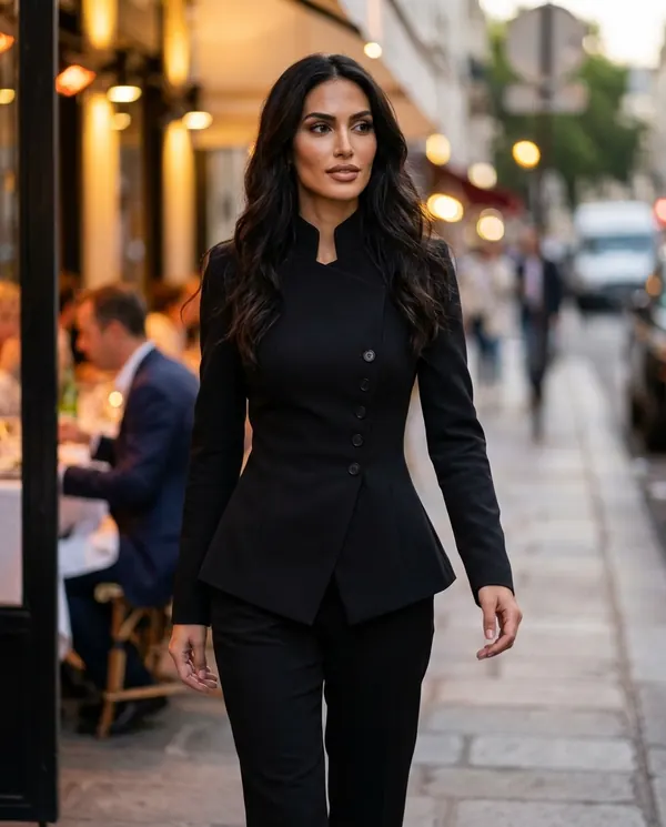 Satin Eve styling: Asymmetric Stand-Collar Blazer
