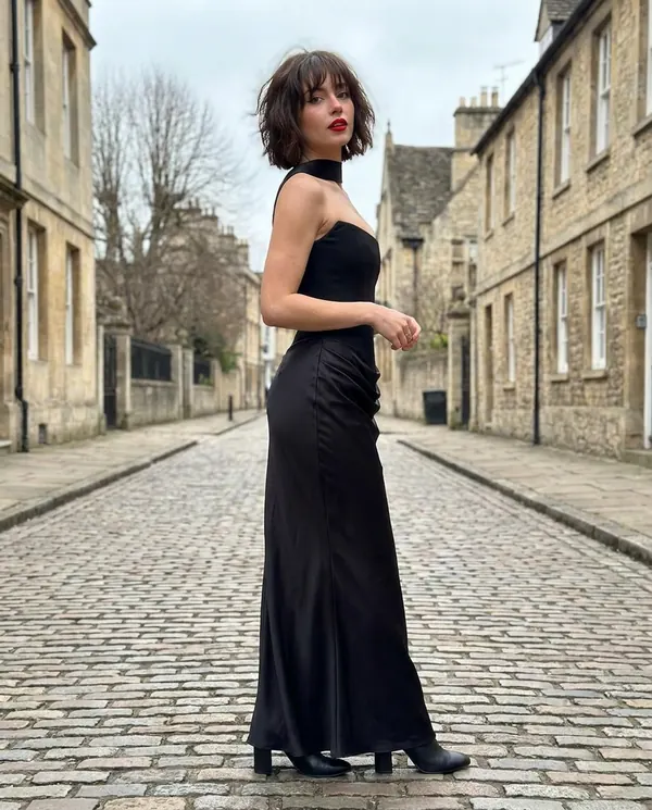 Satin Eve styling: Satin Choker-Neck Column Maxi Dress