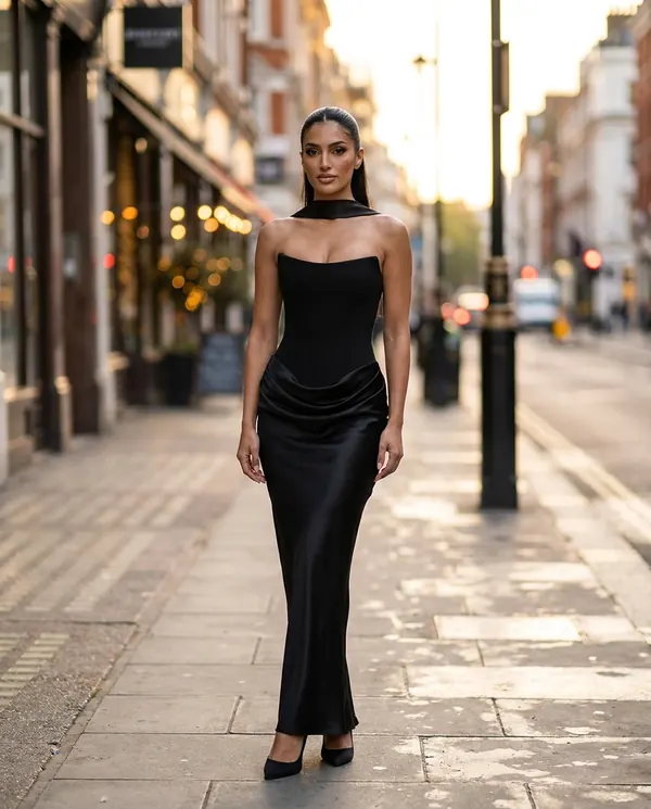 Satin Eve styling: Satin Choker-Neck Column Maxi Dress