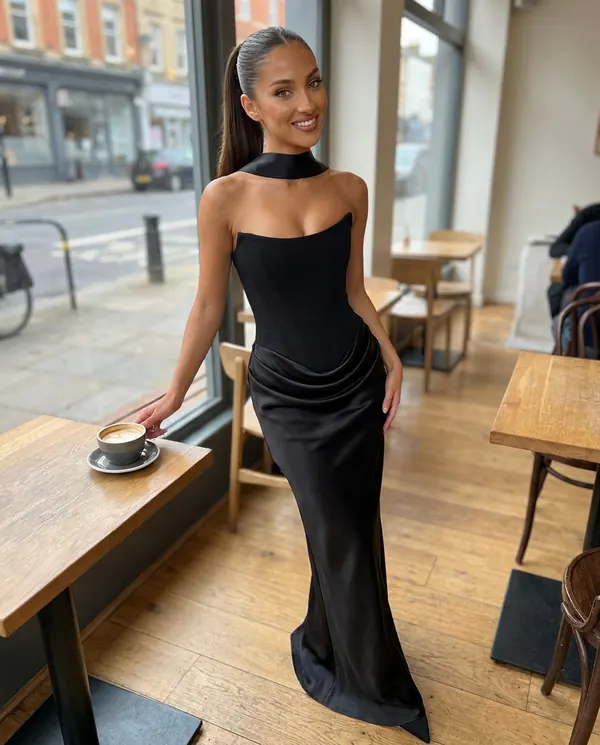 Satin Eve styling: Satin Choker-Neck Column Maxi Dress