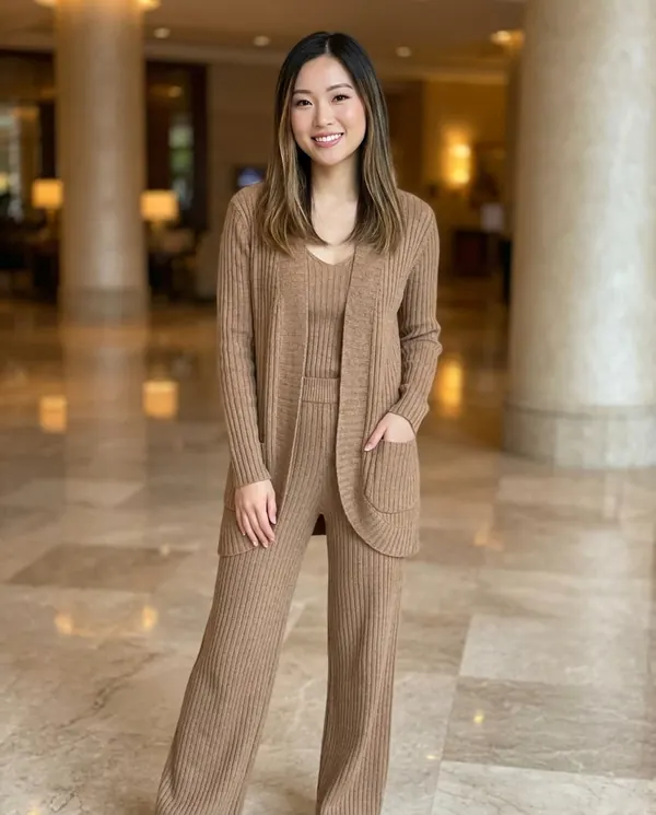 Satin Eve styling: Ribbed Longline Cardigan and Wide-Leg Trouser Set