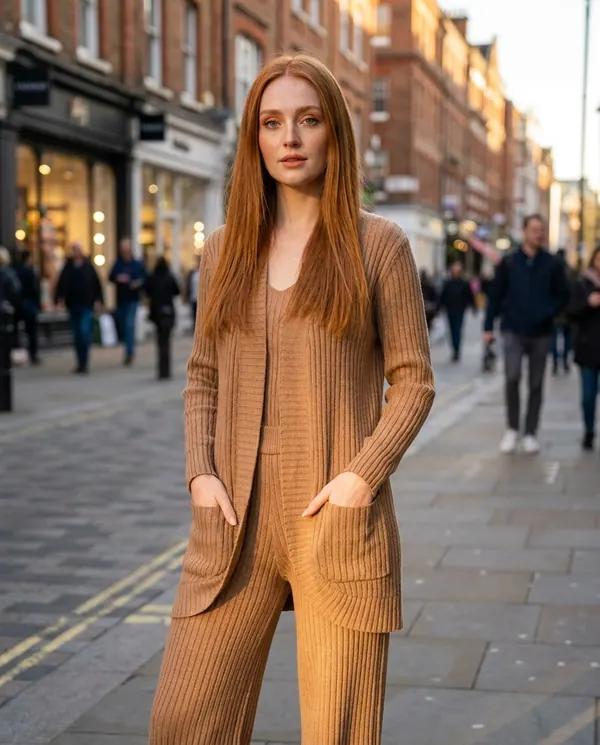 Satin Eve styling: Ribbed Longline Cardigan and Wide-Leg Trouser Set