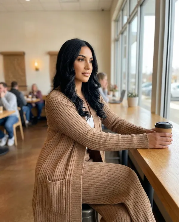Satin Eve styling: Ribbed Longline Cardigan and Wide-Leg Trouser Set