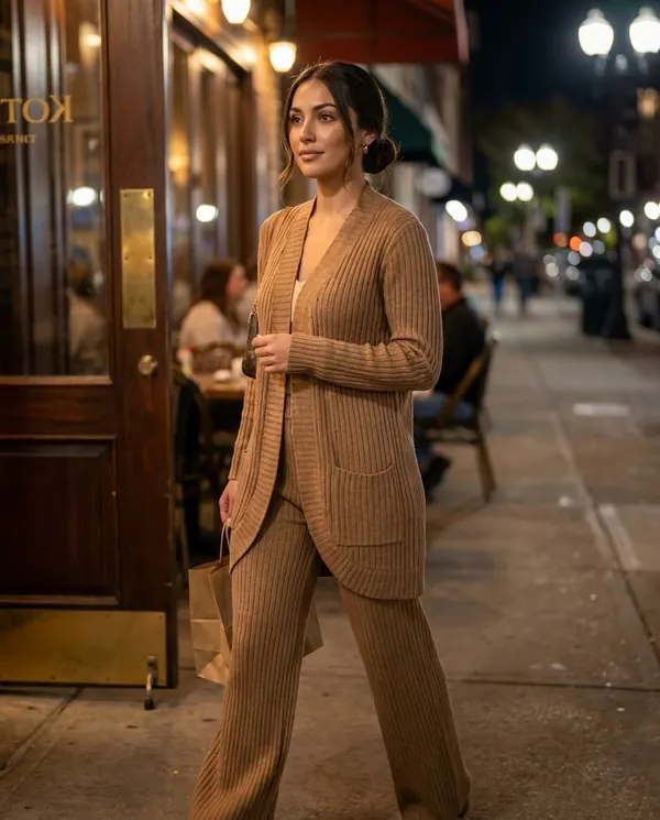 Satin Eve styling: Ribbed Longline Cardigan and Wide-Leg Trouser Set