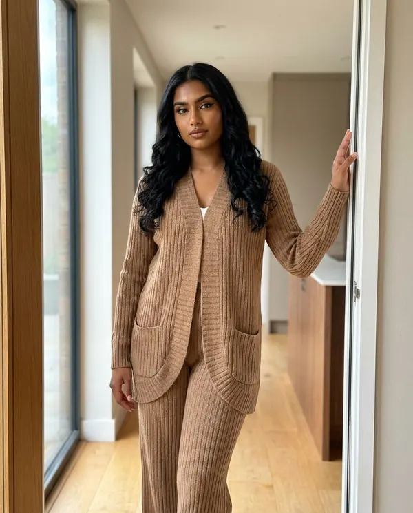 Satin Eve styling: Ribbed Longline Cardigan and Wide-Leg Trouser Set