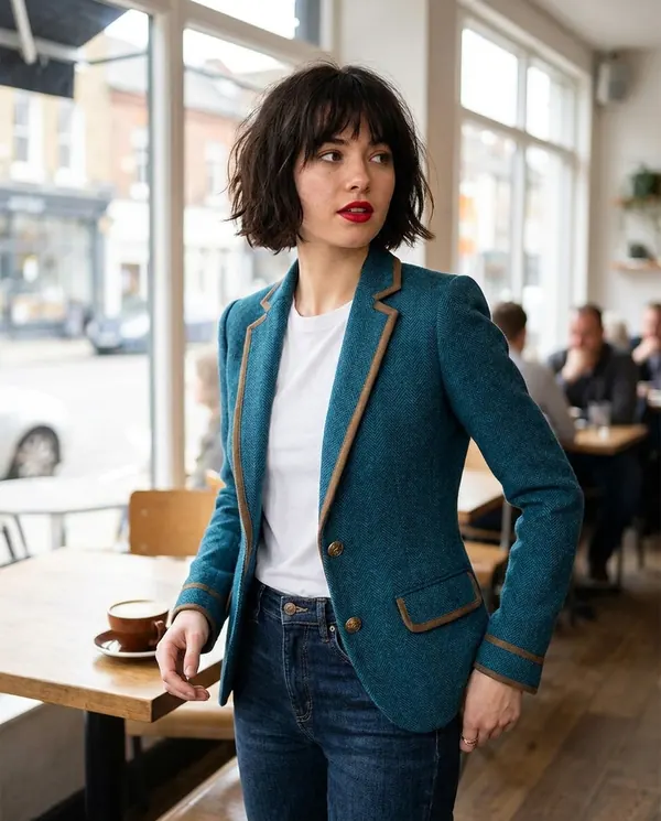 Satin Eve styling: Herringbone Blazer with Contrast Trim
